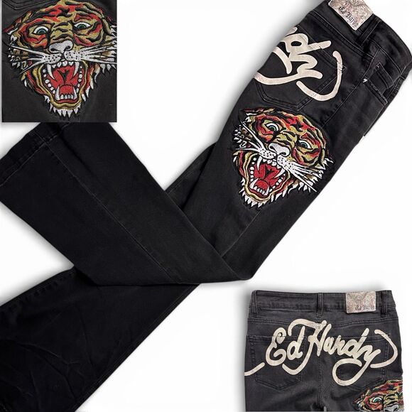ED HARDY Jeans Slim Women’s 28x30 Tiger Head  - 10” Flare Wide Leg - Y2K - Picture 2 of 11